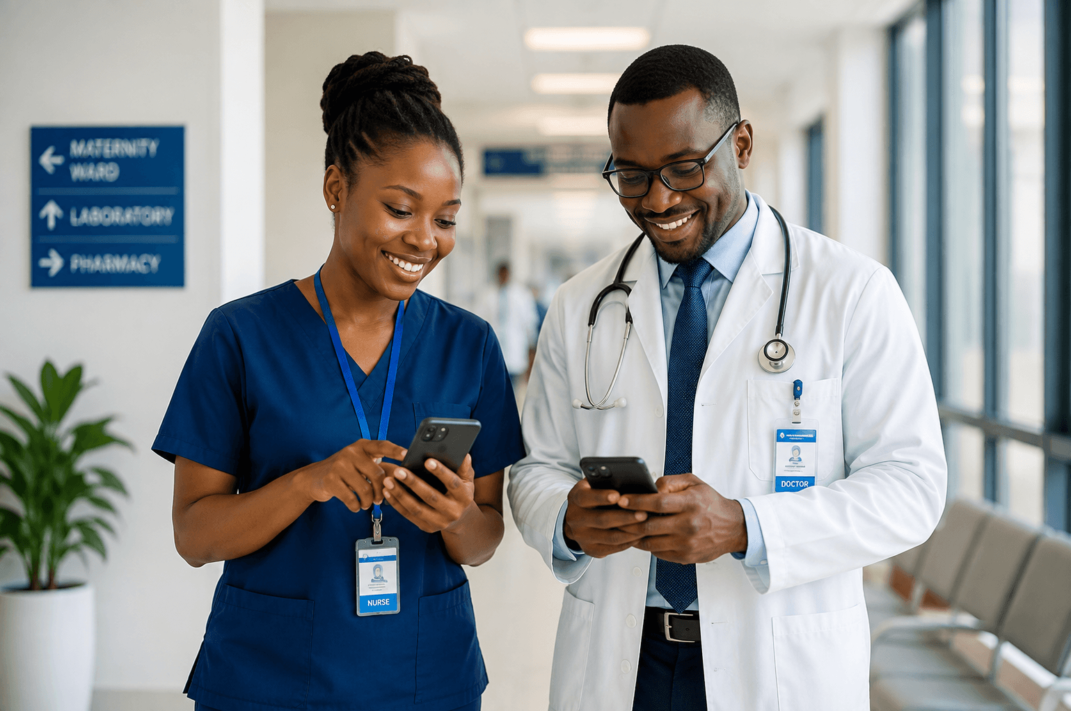A nurse and a doctor reviewing a course together in a hospital corridor